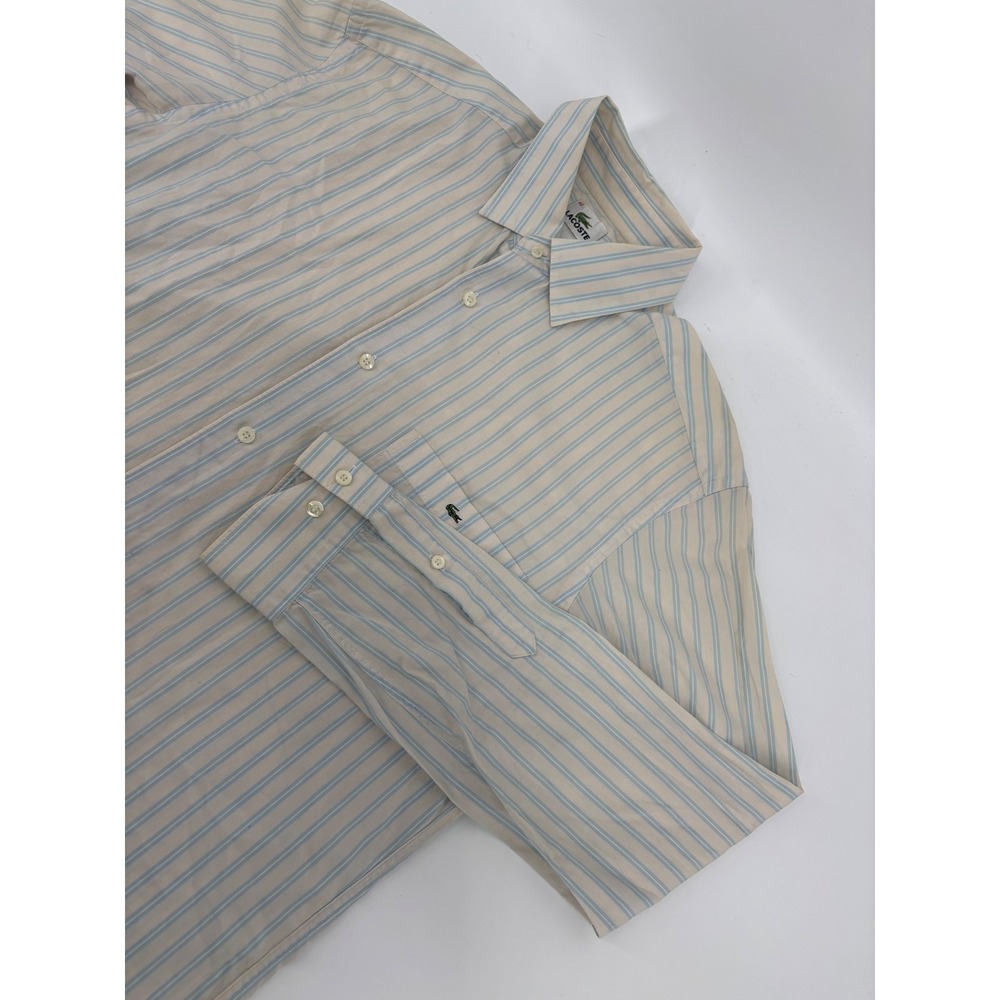 Lacoste Mens Striped Button Down Shirt Cream Blue Long Sleeve Cotton Size 40
